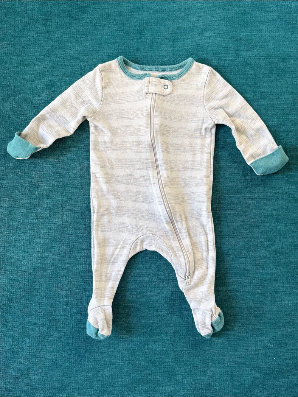 Cloud Island White & Gray Striped Footie Pajama One-Piece with Teal Detail 0-3M